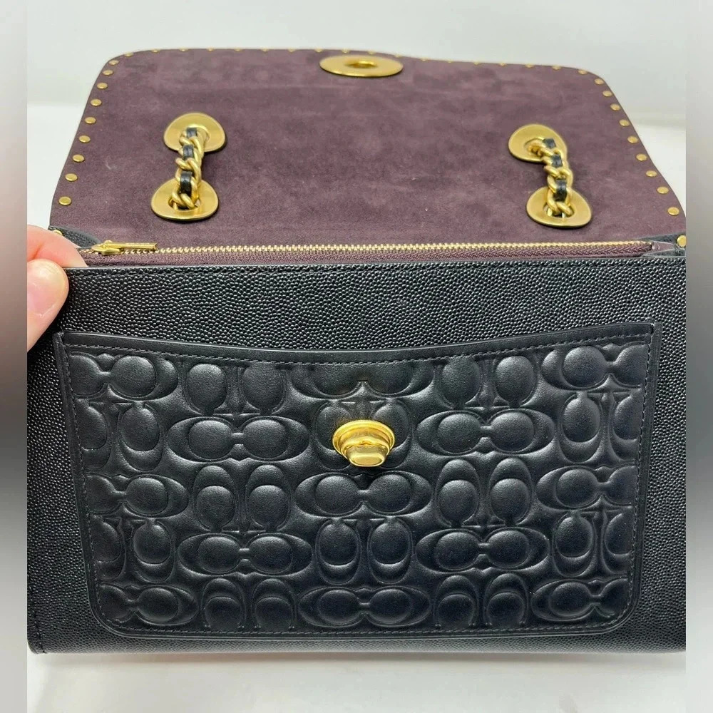 Coach Parker Mixed Media Studded Convertible Shoulder Bag Black/Gold Leather - Picture 4 of 8